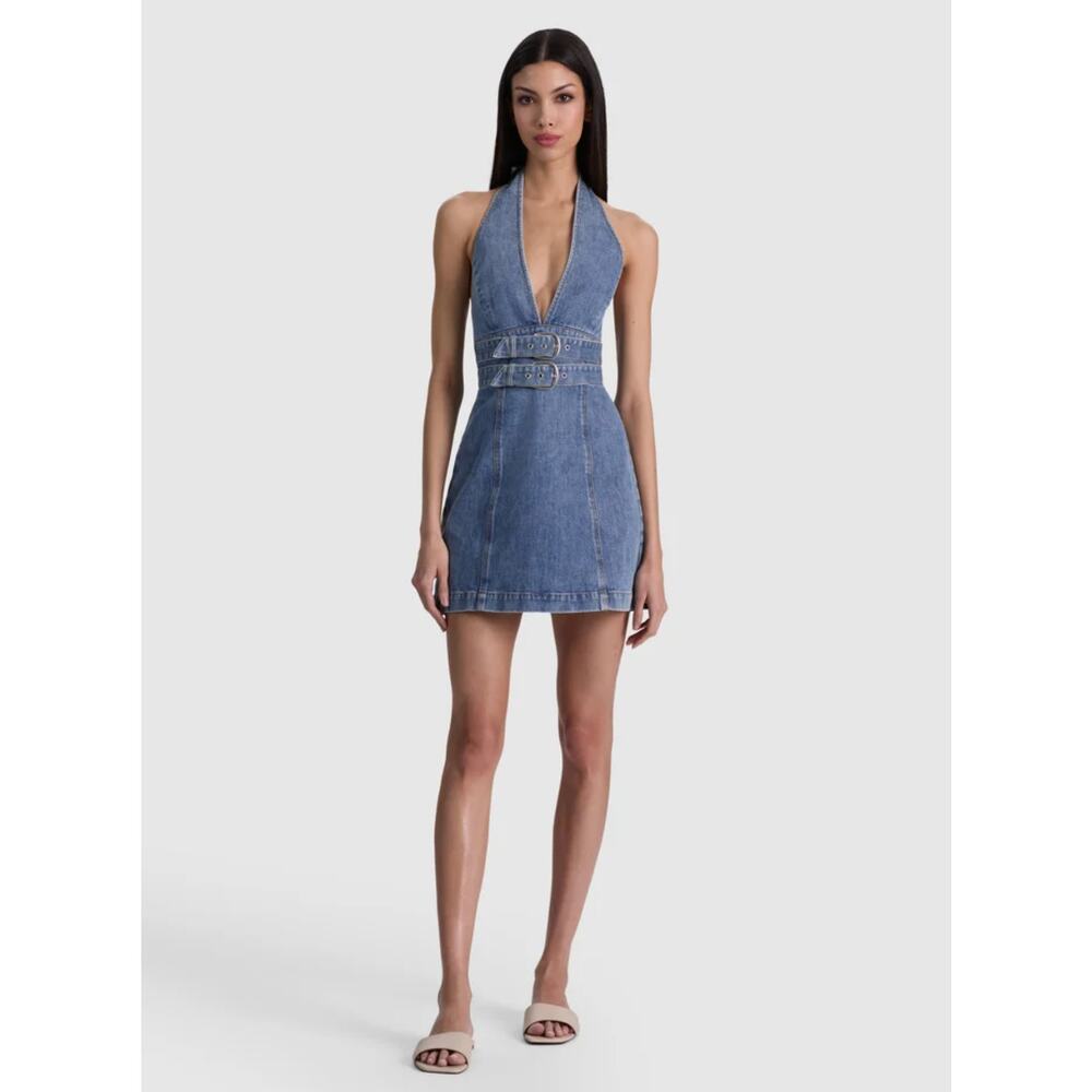 Alice + Olivia SOLANA BUCKLE DENIM HALTER MINI DRESS